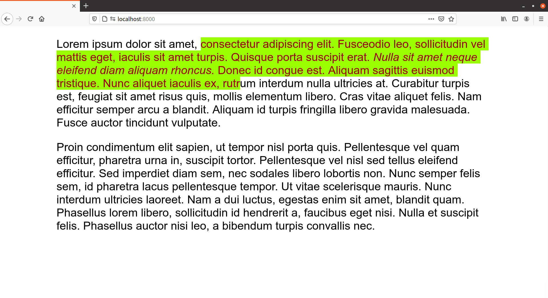 Deep red text on a lime-green background set using the ::selection pseudo-element